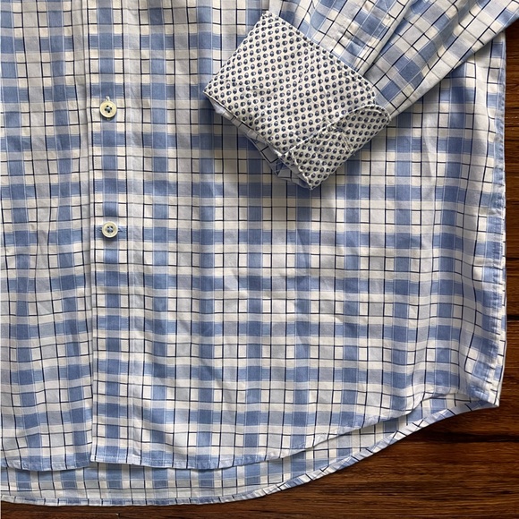 Bugatchi Men's Medium White&Blue Plaid Flip Cuff Long Sleeve Button Front Shirt - Picture 3 of 7